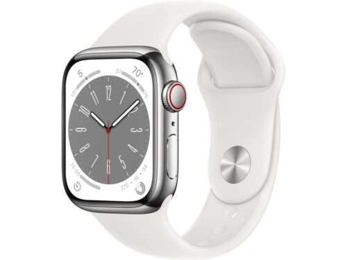 APPLE Watch Series 8 GPS+Cellular 45 mm Prateado Aço Inoxidável com Bracelete Desportiva Branco